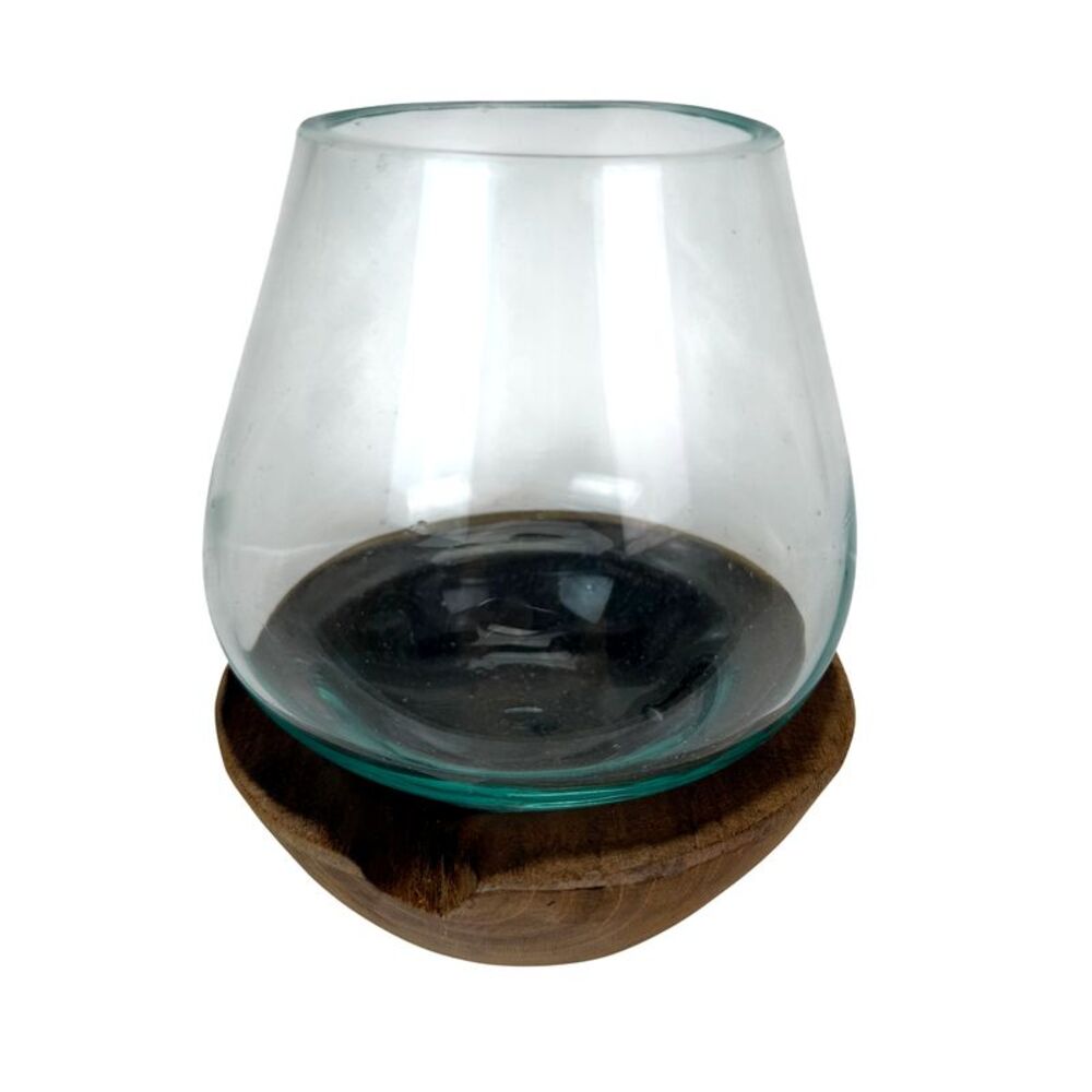 Decorative Glass Candle Lantern Natural Wood Base 6.5 in Handmade Accent